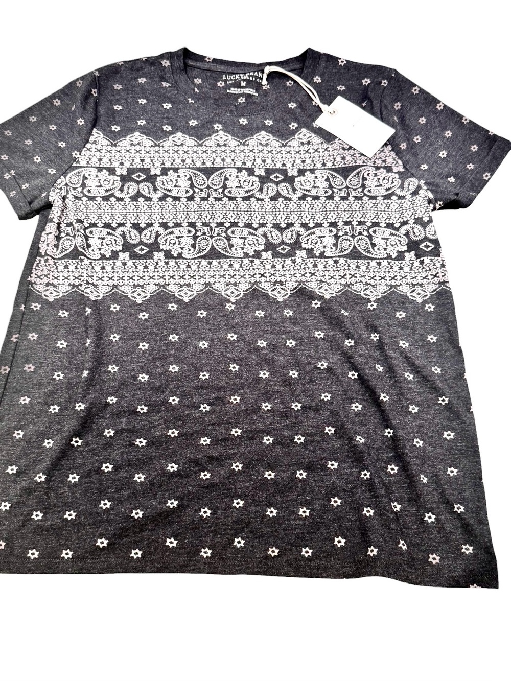 NWT Lucky Brand Charcoal & White Paisley/Bandana Print Tee, Size M